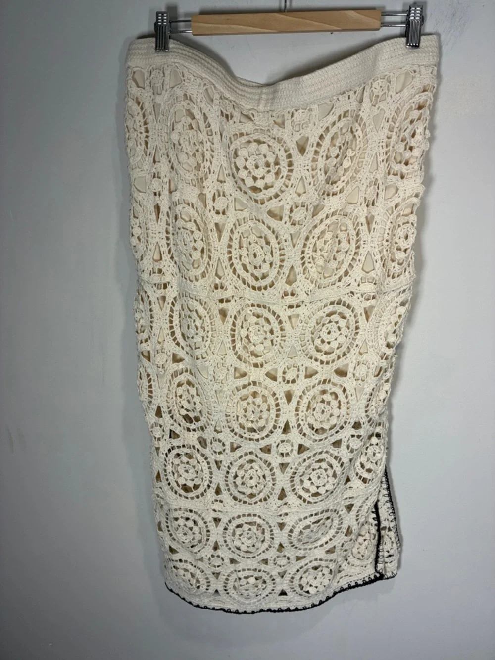Boho Crochet Midi Skirt Cream w/ Black Trim Side Slit Lined XL - Picture 8 of 11